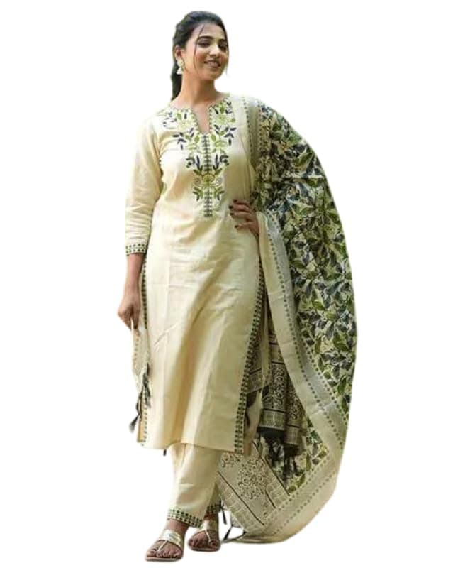 Kurthnic Women's South Cotton Embroidered Kurta with Pant & Dupatta Green
