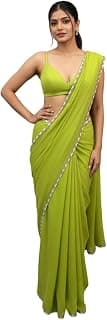 LOROFY Women's Fox Geogette Saree With Beads Less Border
