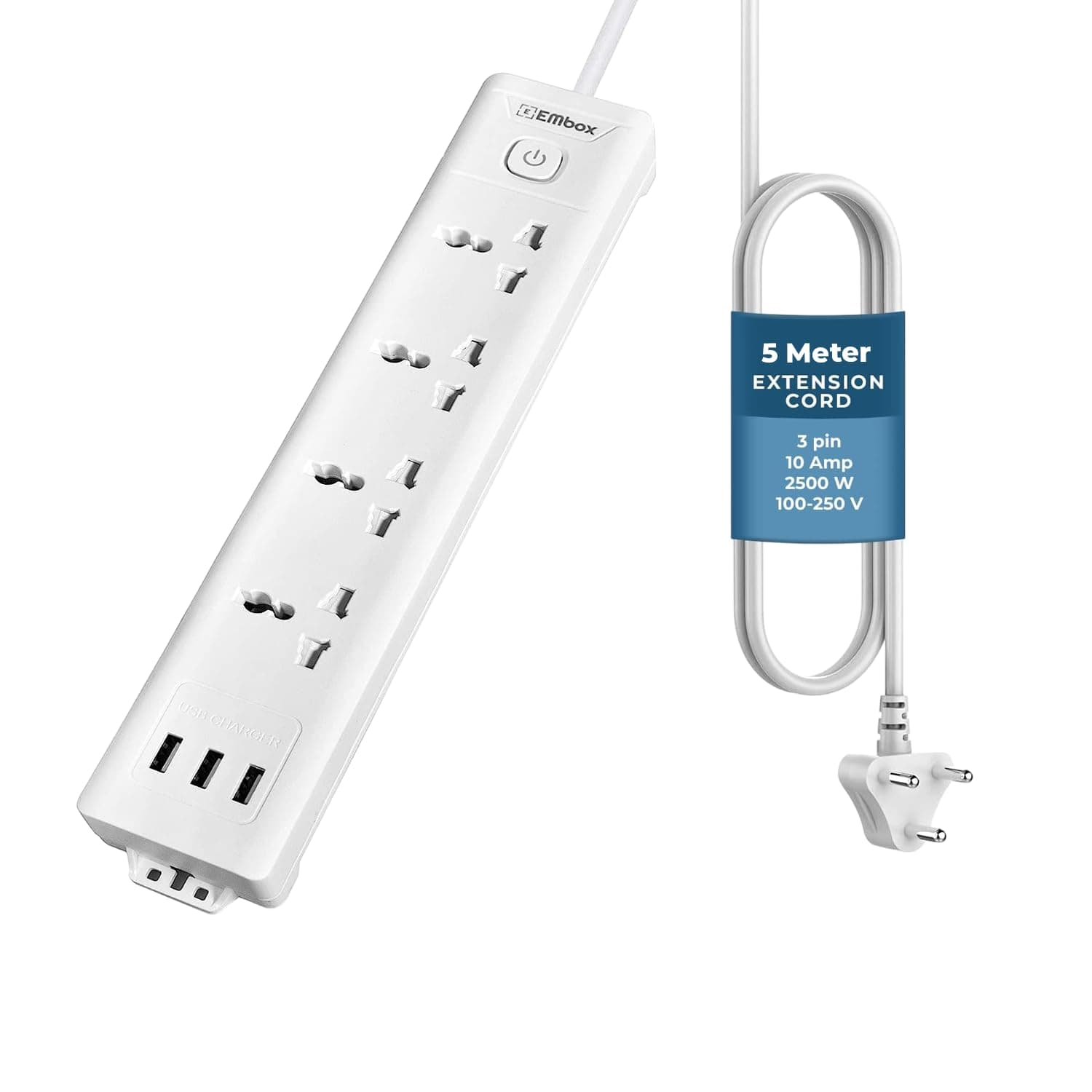 Embox Extension Board 5 Meter Cable with USB | Extension Board with Switches 4 Universal Sockets Spike Guard | LED Indicator 2500W Extension Cord