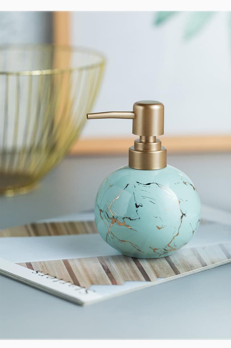 Luxury Ceramic Soap Dispenser (Luxe Blue) - 350ml Round Modern Refillable Lotion Shampoo Handwash Bottle Matte Blue with Gold Marbling Premium Countertop Accessory for Bathroom, Kitchen & Wash Basin