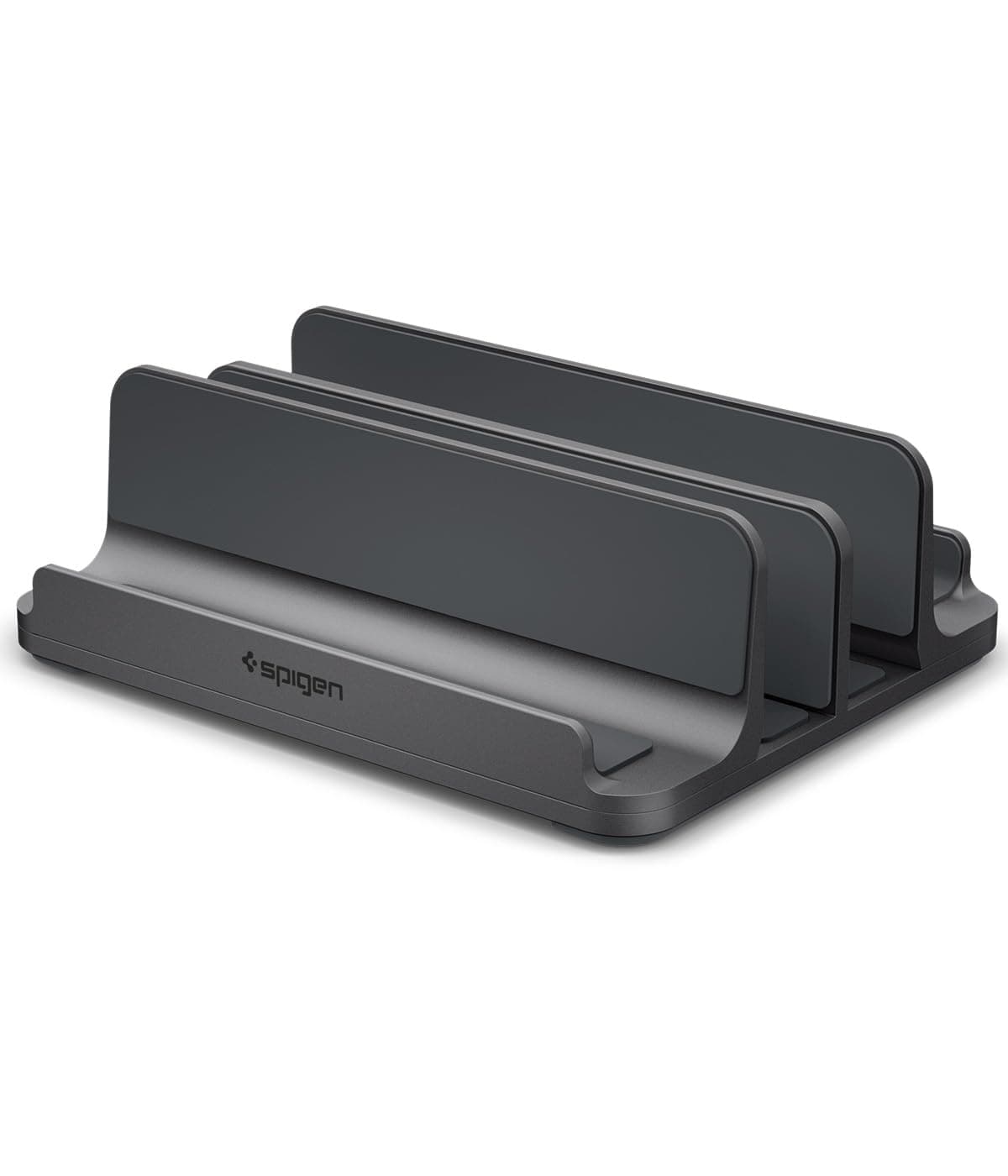 Spigen Vertical Laptop Stand with 4 Slots, Adjustable Aluminium Desk Organizer Compatible with MacBook up to 16" and All Laptops - Space Gray