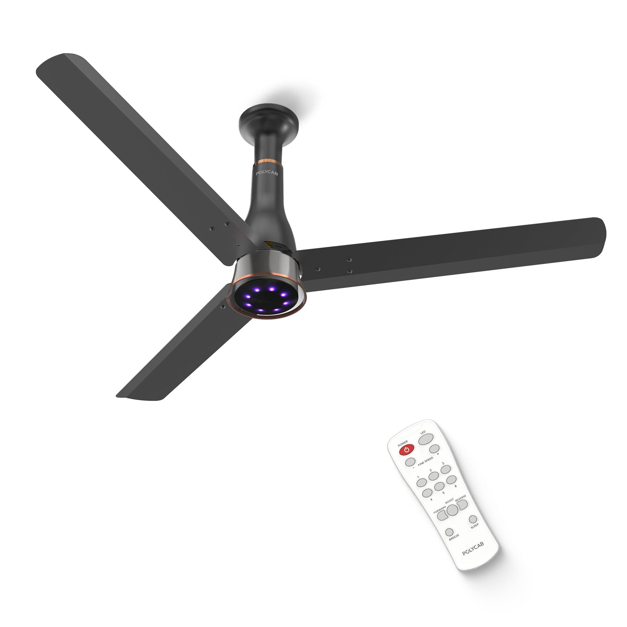 Polycab Wizzy Prime 1200mm BLDC Ceiling Fan with remote |BEE 5 Star Rated, Higher Air Delivery|LED Indicator,Reverse,Boost,Sleep and Breeze Mode,Free Installation|3 Years Warranty 【Matt Black】
