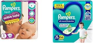 Pampers Active Baby Taped Diapers, Small size diapers, (S) 92 count, taped style custom fit & Pampers All round Protection Pants, Extra Large size baby diapers (XL) 56 Count, Lotion with Aloe Vera