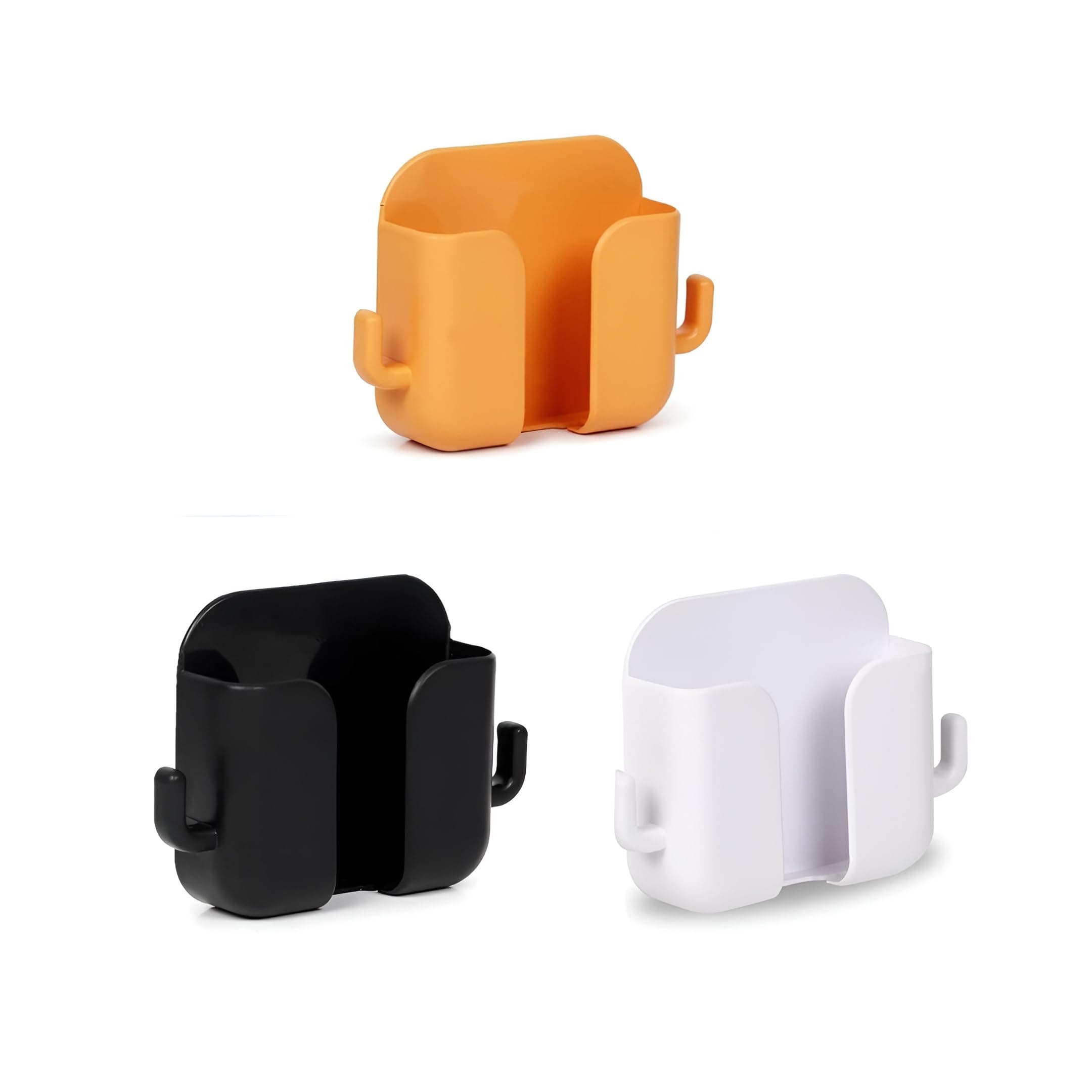LikeStar® Premium Multi-Functional Wall Phone Holder | No-Drill Sticky Stand with Hook for Charging & Storage | Self-Adhesive Wall Phone Holder with Hook | Bedroom, Office - White, Orange & Black (3)