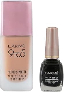 LAKMÉ 9To5 Primer + Matte Perfect Cover Liquid Foundation for combination Skin,Buildable, W240 Warm Beige, 25 Ml And Lakme Insta Eye Liner, Black, 9Ml