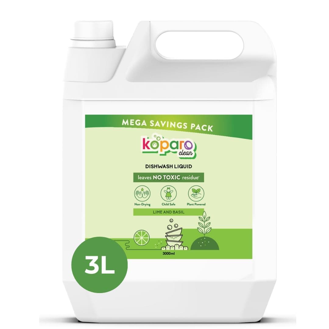 Koparo Organic Dishwash Liquid | 3 Litres Refill Can | Powerful Grease Cutting Dishwasher Liquid | Thick Foam Liquid Dishwash for Kitchen Utensils | Baby & Pet Safe | Lime & Basil Fragrance