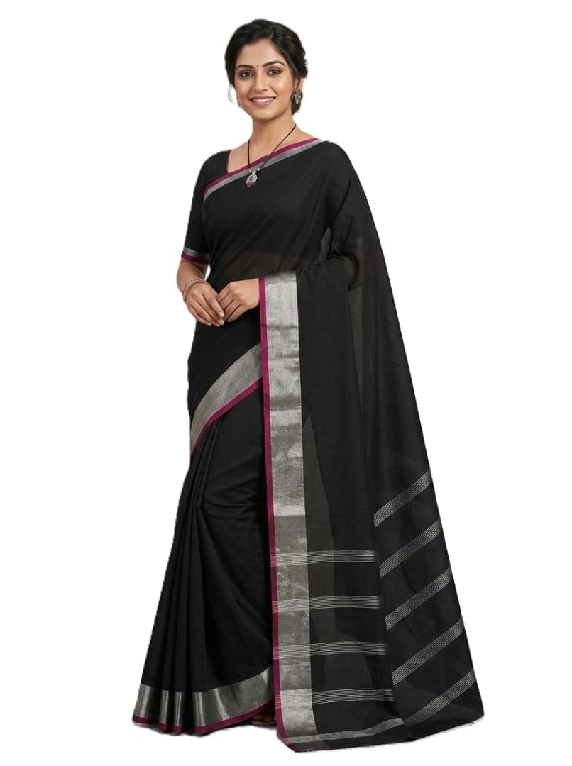 NEW COLLECTION Plain Solid Cotton Synthetic Black silk Saree Silver Zari Border Lightweight Saree Casual Office Regular wear Simple Sari Daily Use Saree for Women Banarasi Style Summer Saree Blouse