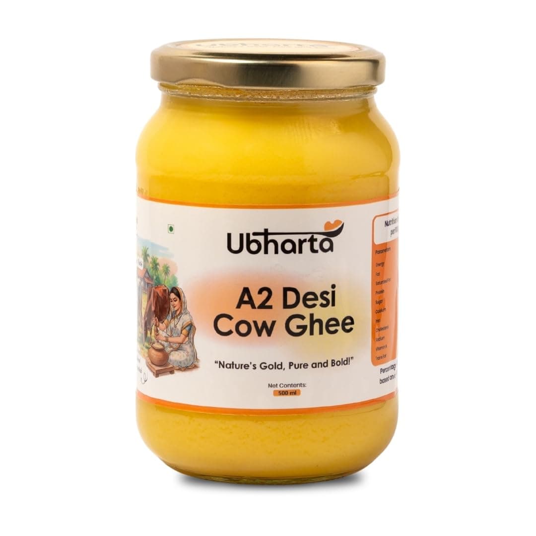 Ubharta A2 Desi Cow Ghee 500ml | 100% Pure, Organic And Healthy | Traditional Vedic Bilona Method | Grassfed Free Grazed | Farm Made Curd Churned Danedar Ghee