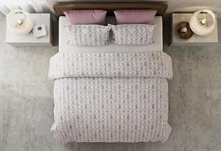 Floral Block Print Bedding Set, White with Multicolour Pattern, Double Bed, Bedsheet and Pillow Covers (Size 274Cm X 274Cm