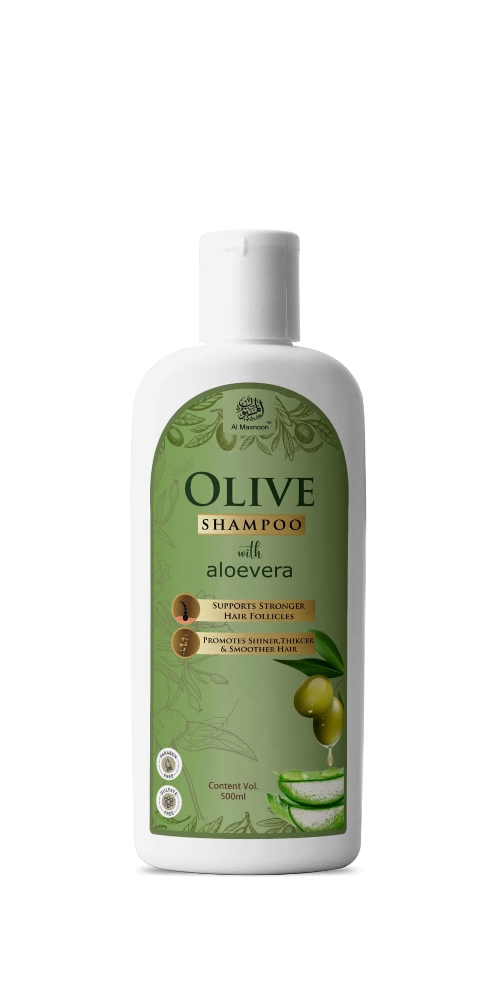 AL MASNOON Olive Shampoo 500ml, Enriched with Olive Leaves and Aloe Vera for Stronger Hair Follicles, Single Pack
