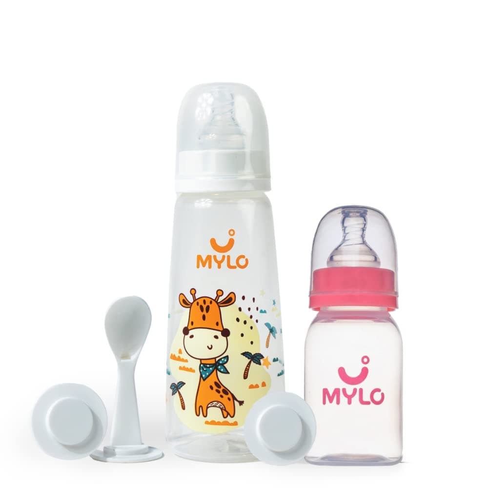 Mylo Baby 2 in 1 Feeding Bottles with Spoon for New Born Baby (125ml + 250ml) | Anti Colic & BPA Free Feeding Bottles | Feels Natural Baby Bottle | Easy Flow Neck Design- Pink + Giraffe