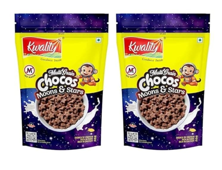Kwality Multigrain Chocos Moons and Stars 375g | Delicious Breakfast Cereal for Kids | Fortified with Iron & Vitamins | Wholesome & Crunchy Snack (pack of 2)