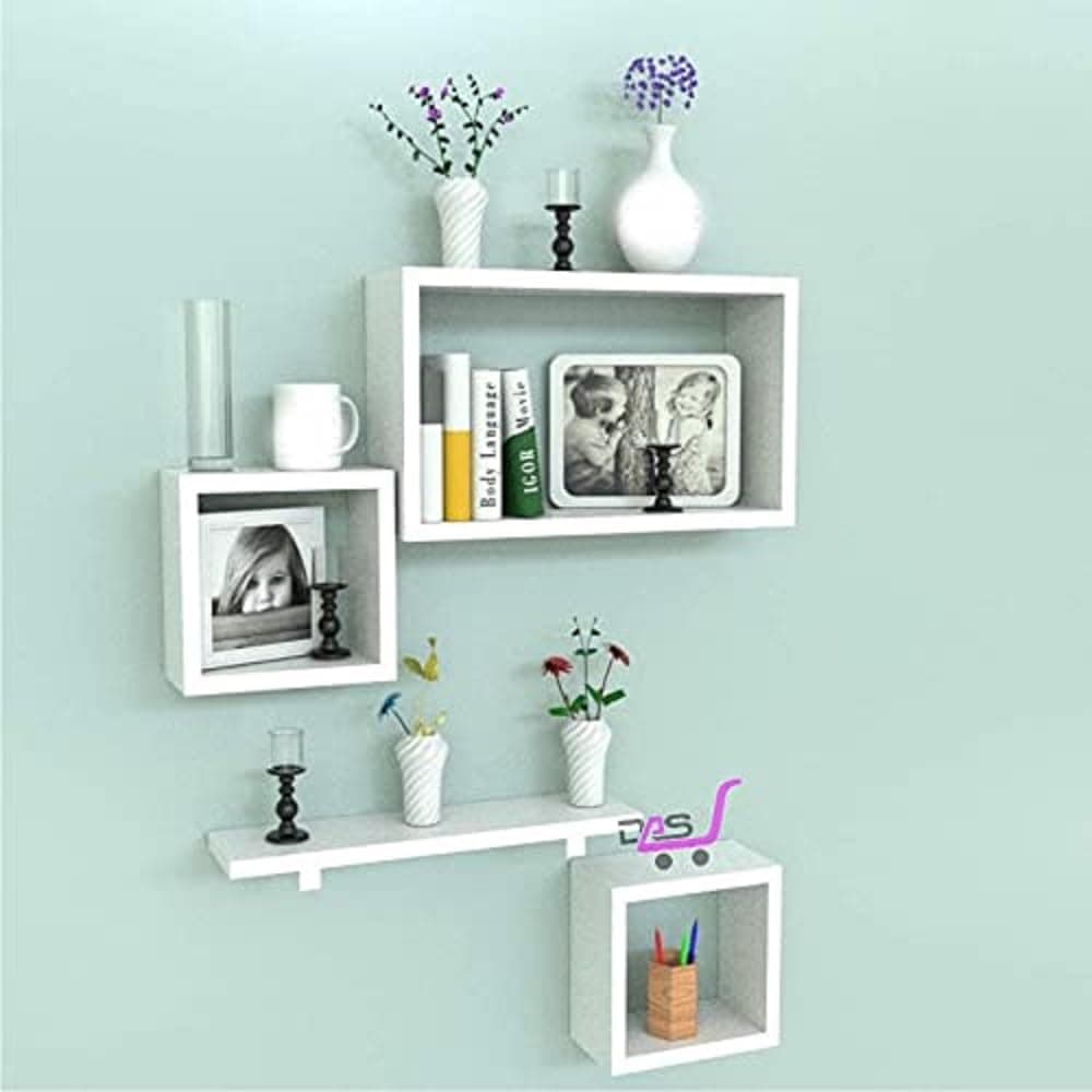 Dime Arts Shoppee Engineered Wood Deco Paint Finish Floating Wall Shelves Home Decoration for Living Room Set of 4 (White)