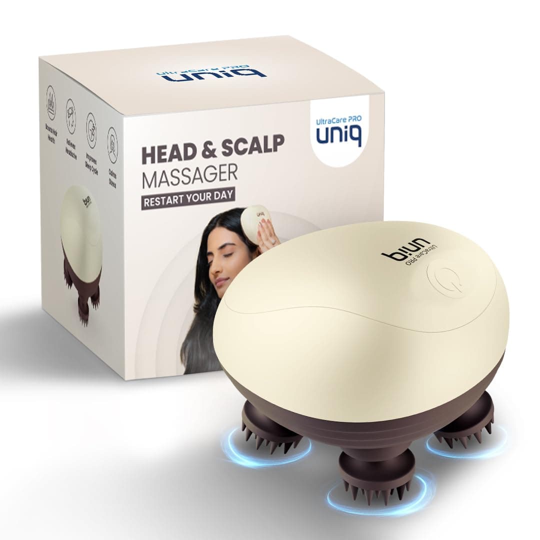 UltraCare PRO UNIQ Head and Scalp Massager for Hair Growth & Stress Relief, with 360° Rotating Nodes, 3 Modes, Cordless, Rechargeable, Auto-Off (White)
