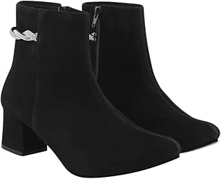 Shoetopia Women's Suede Ankle Boots with Block Heel and Rhinestone Knot Detail||Side Zip Fashion Booties for Fall & Winter