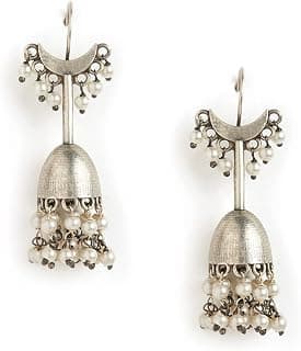 Silver-Toned Contemporary Jhumkas Earrings, Copper Alloy, Artificial Beads - Womens