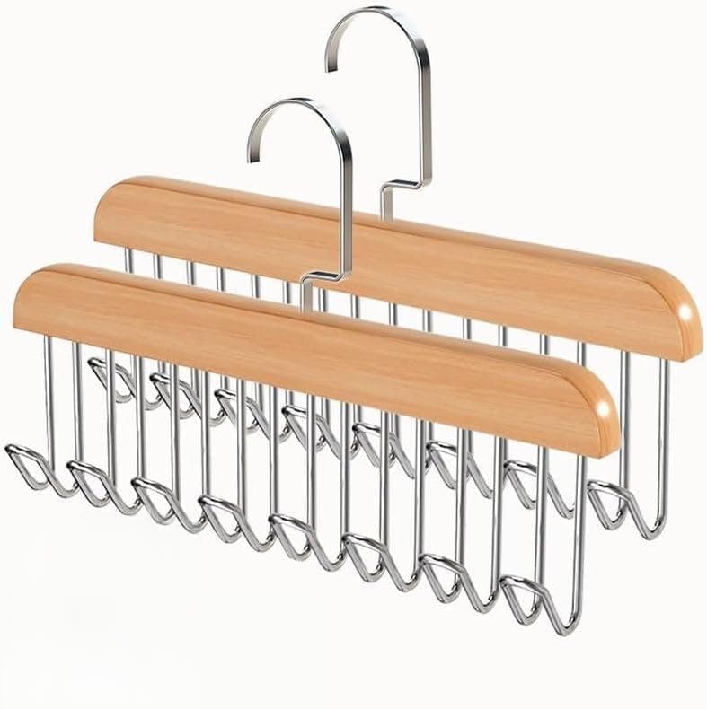 VASTRA Wooden Bra & Belt Hangers, 2 Pack, Closet Organizer Space Saving | 8 Foldable Hooks, Tie, Scarf, Bra & Lingerie Organizer, Space Saving Wardrobe Closet Storage, Heavy Duty