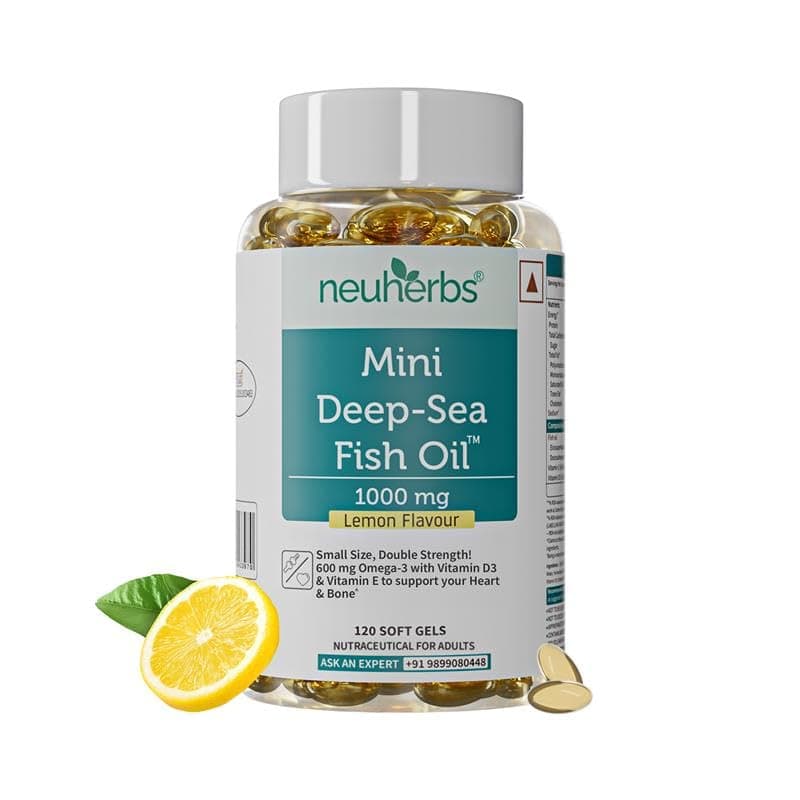 Neuherbs Mini Deep Sea Omega 3 Fish Oil Capsules 1000mg Supplement | EPA - 360mg, DHA - 240mg | With Vitamin E & D3 | Supports Heart, Brain, Muscle & Joint Health| Lemon Flavour - 120 Softgels