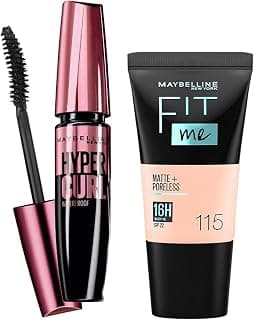 Maybelline New York Hypercurl Mascara Waterproof, Black, 9.2ml and Maybelline New York Fit Me Matte+Poreless Liquid Foundation Tube, 115 Ivory, 18ml