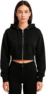 NUNO Women's Cropped Zip-Up Hoodie, Athletic Sweatshirt, Available in Olive Green, Red, Black, Navy Blue, Brown, Full-Length Front Zipper, Drawstring Hood