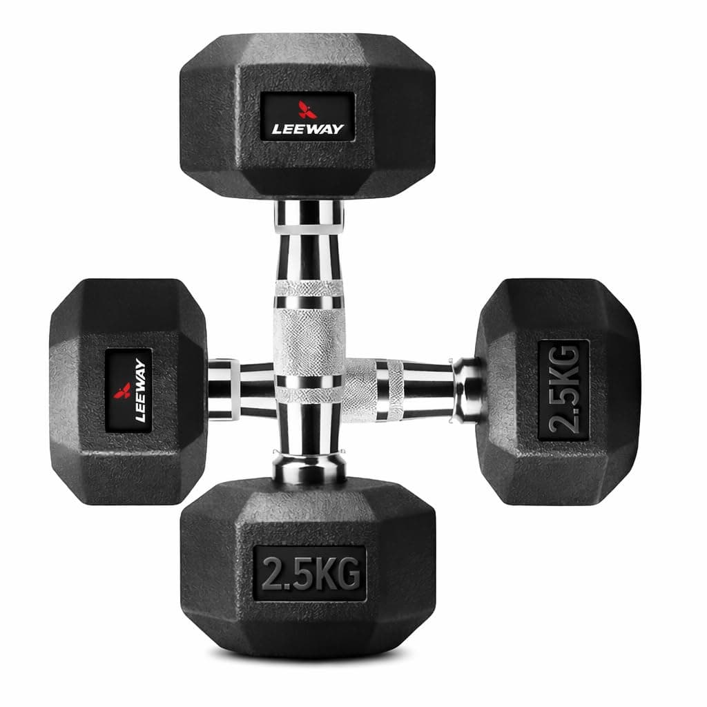 Leeway Hex Dumbbell 7.5kg Pair | Durable Rubber Encased Weight Set | Stable & Safe for Home Training | Non-Slip Chrome Handle | Full Body Workouts | Black (7.5kg Pair)