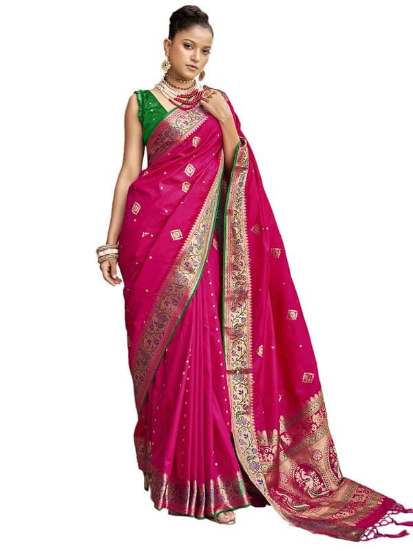 SIRIL Women's Cotton Banarasi Silk Jacquard Zari Work Saree With Unstitched Blouse Piece