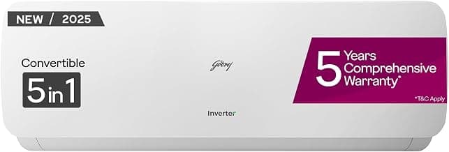 Godrej 1.5 Ton 3 Star, New star rated,5 Years Comprehensive Warranty,AI Powered, 5 in1 Convertible Cooling, Inverter Split AC (Copper, Heavy Duty Cooling at 52°C, AC 1.5T SIC 18NTC3 WZE 3S,White)