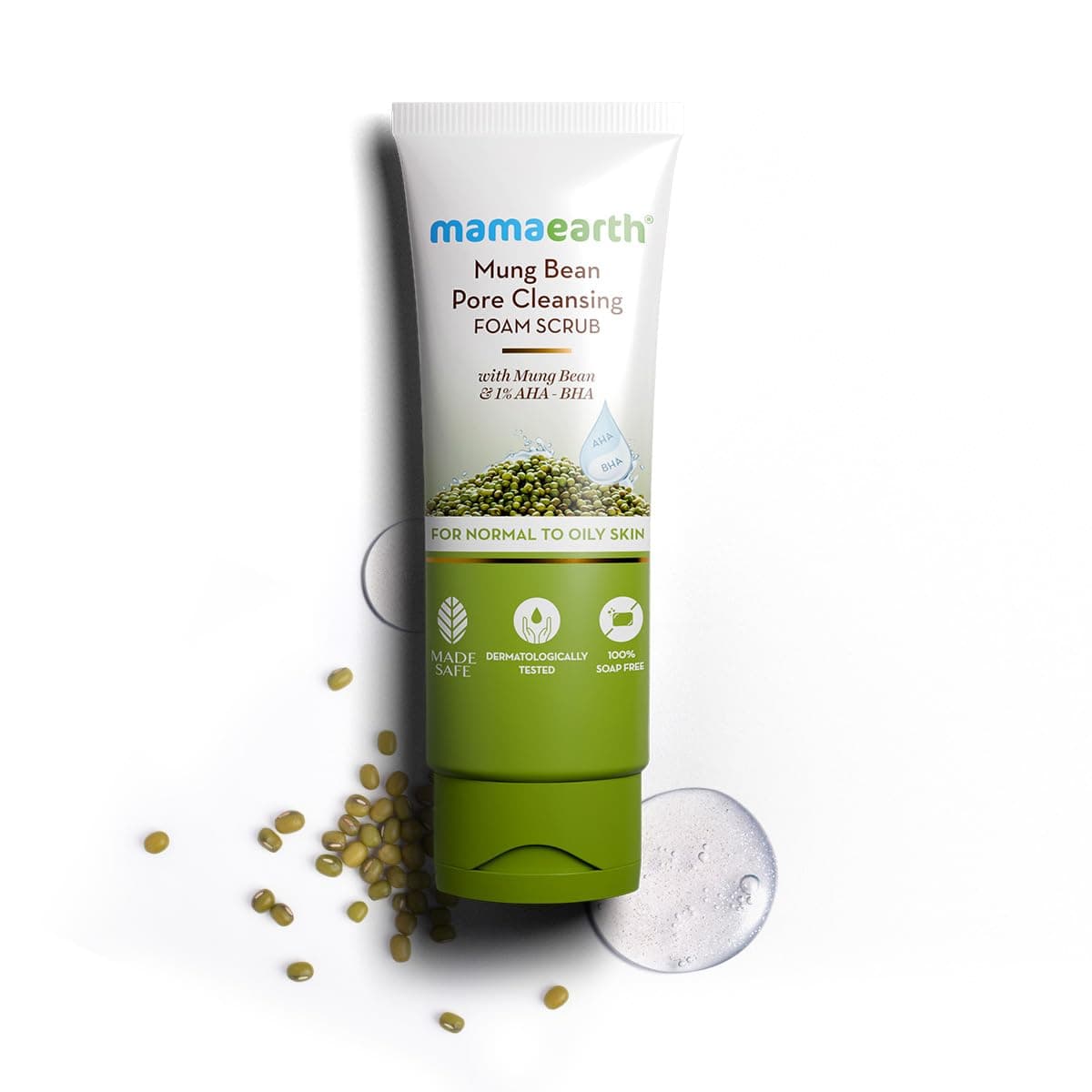 Mamaearth Mung Bean Pore Cleansing Face Scrub with Mung Bean, AHA BHA - 100g | Face Scrub for Oily Skin | India's 1st Foam Scrub for Deep Pore Cleansing | Gentle Exfoliation | Oil Control | Tan Removal