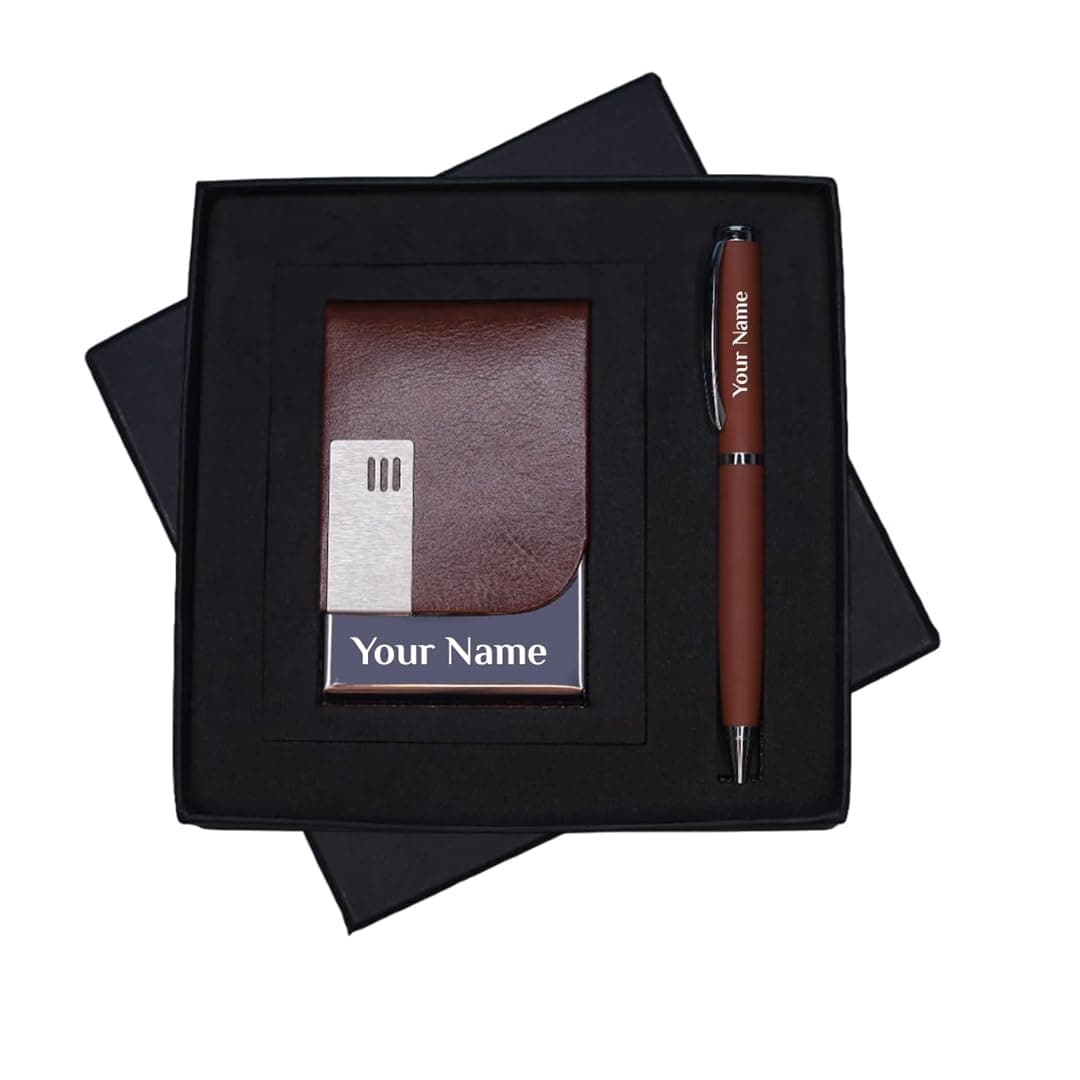 Giftana 2 in 1 Personalized Card Holder with Pen Gift Set for Men and Women Personalised Pen with Brown Leather Steel Business Card Holders, Diwali Gifts, Corporate Gift Set for Employee