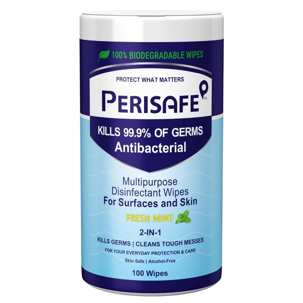 PERISAFE Multipurpose Disinfectant Wipes For Surfaces & Skin-100 Wipes | 100% Biodegradable | Antibacterial | 2-IN-1- Kills Germs & Cleans Tough Messes | Fresh Mint