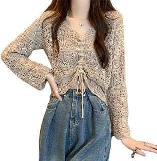 MYSTIFY Women®Women Knitted Tops, V Neck Long Sleeve Knitted Sweater Casual Drawstring Hollow Out Breathable for Work for Shopping for Female