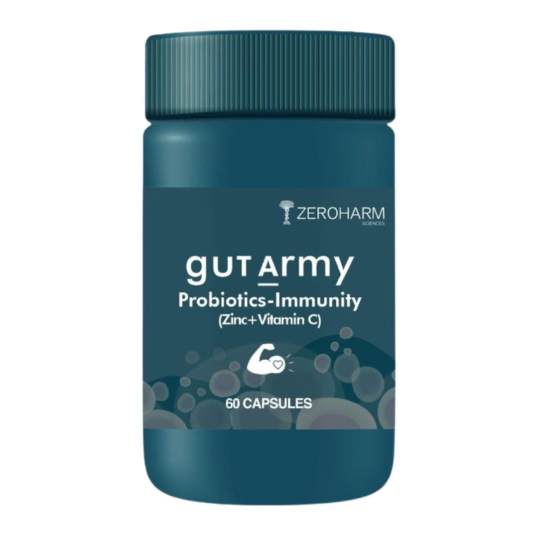 ZEROHARM Gut Army Probiotics & Prebiotics | Psyllium Husk, Lactobacillus Acidophilus, Vitamin C & Zinc | Immunity and Gut Health Supplement | Promotes Natural Gut Health & Digestion | 60 Veg Capsules