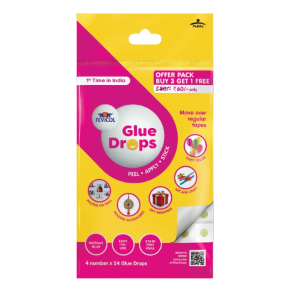 Pidilite Fevicol Glue Drops for Instant and Non Messy, Easy to Use. Just Peel, Apply and Stick 3 + 1 Carton Pack