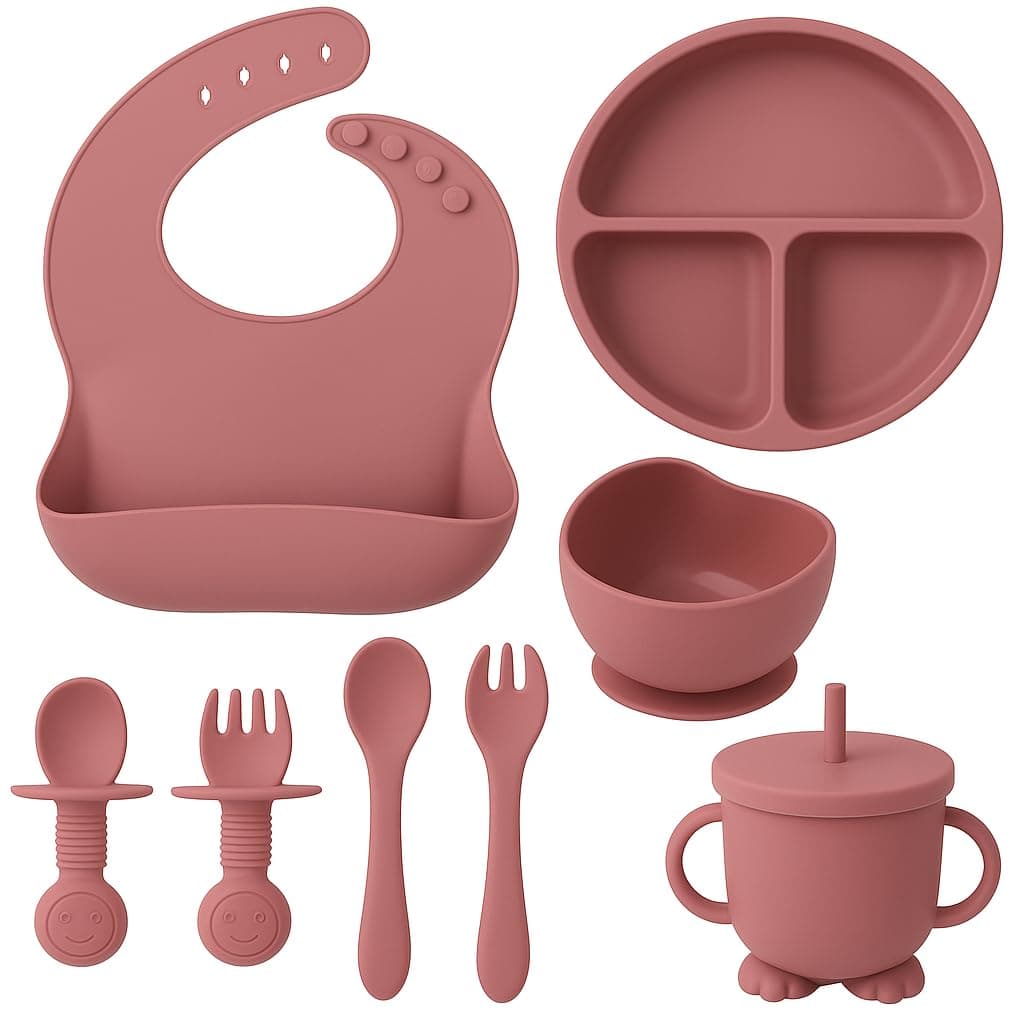 LERUBGA 8 Pcs Silicone Baby Feeding Set | Suction Plate & Bowl | Cup, Spoon & Fork | BPA Free
