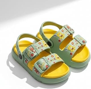 Generic Kids Sandals with Cartoon Print, Green and Yellow, Adjustable Straps, Comfortable Footwear