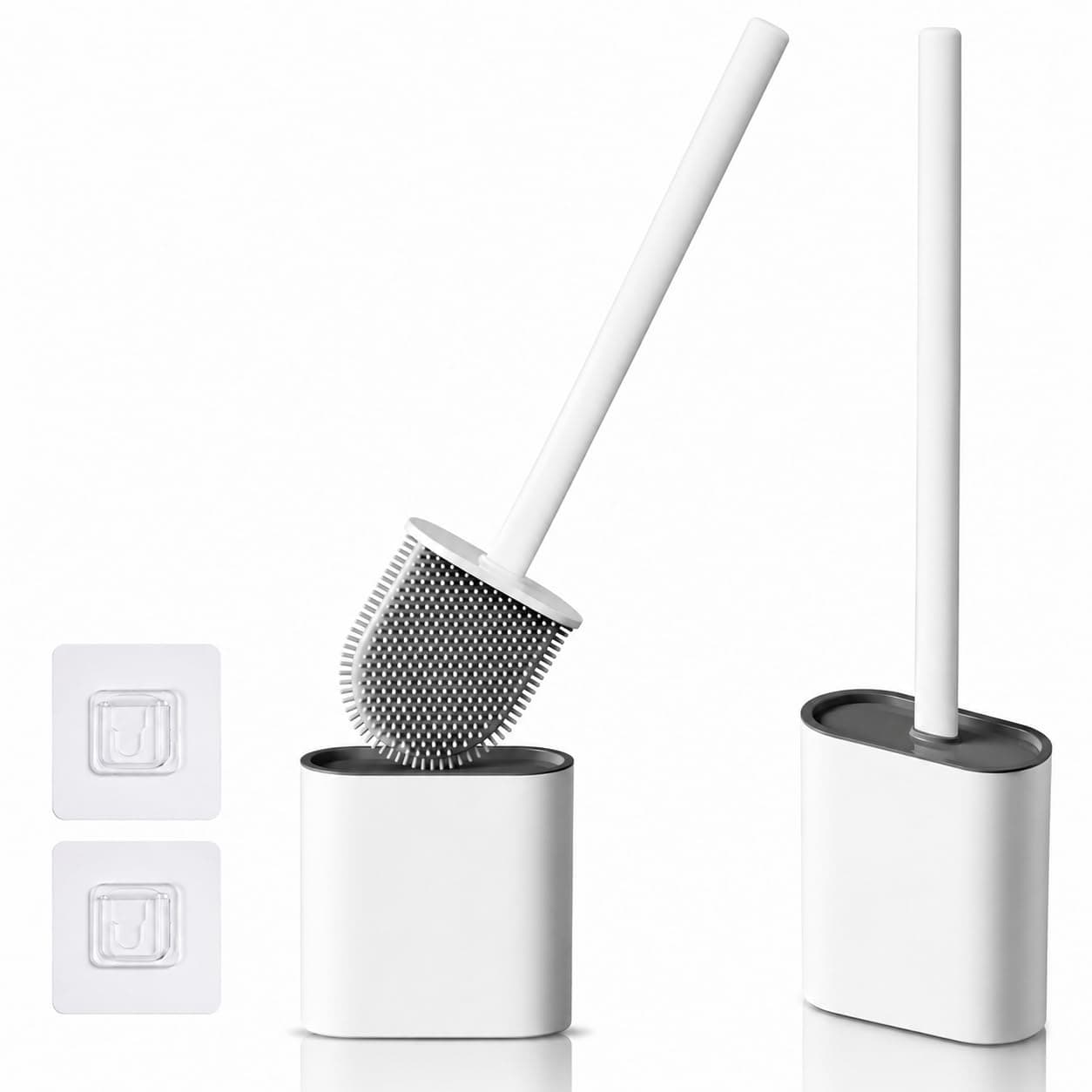 Qseefy Silicone Toilet Brush and Holder Set, Soft Silicone Bristles Toilet Bowl Cleaning Brush, Wall Mounted or Floor Standing, Anti-Drip Holder, Long Handle, Deep Cleaning, Multicolor
