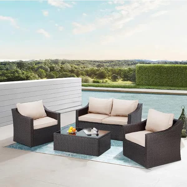 DEVOKO Patio Furniture Sectional Sofa Set 4-Piece Outdoor Wicker Furniture Set with Table (Dark Brown & Cream)