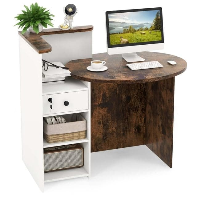 TEKAVO ZenZest Reception Table for Office, Shop, Clinic, Showroom | Cash Counter Table with Lock Drawer & Open Shelf | Front Desk for Office | White & Brown Wood | 122 x 55 x 100 CM | DIY Assembly