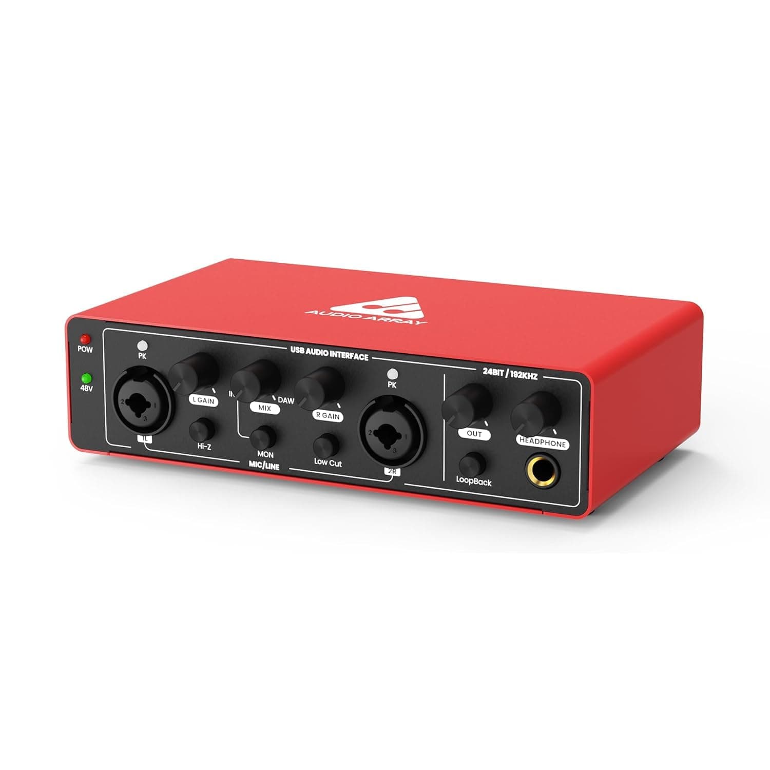 Audio Array AI-04 HD 2x2 Gen 3 Audio Interface | Premium Mic Pre-Amps | 48V Phantom Power | 24bit/192kHz Hi-Fi Recording | XLR/MIC/LINE inputs | Plug & Play-No Drivers | 2 in 3 out | Metal Body | Red