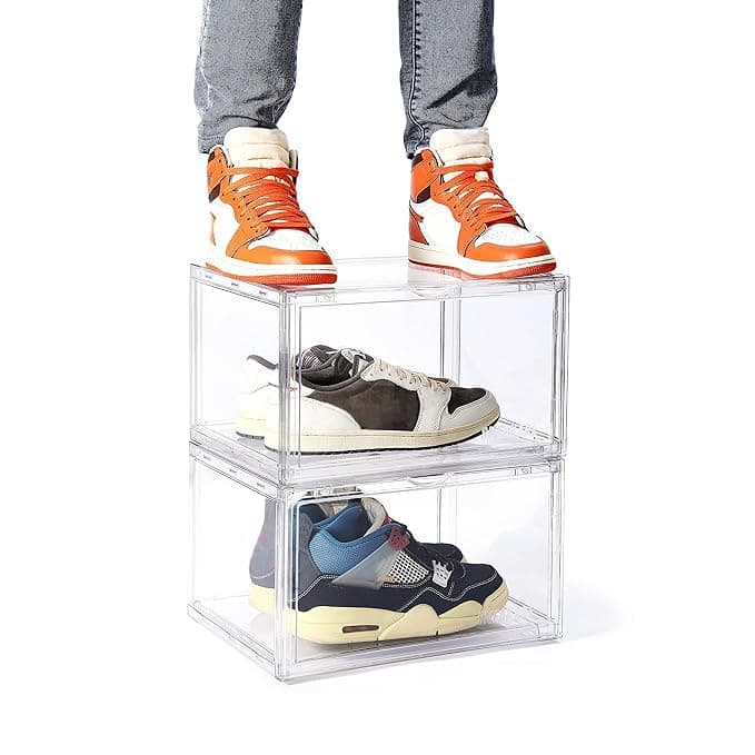 SNEAKARE Stackable Shoe Storage Box | Heavy Duty Plastic Sneaker Crate with Magnetic Door | Shoe Organizer for Men & Women | Fits Upto UK 14 | Durable Shoe Storage Box Clear Pack of-2