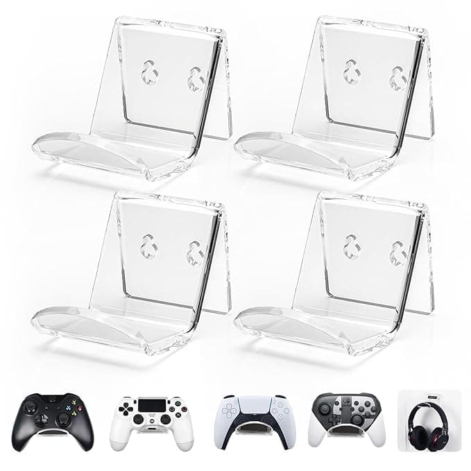 CRUTO Game Controller Wall Mount Stand (Pack of 4) | Clear Acrylic Display Holder | No-Drill Strong Adhesive Organizer Rack | Wall Shelf for PS5, Xbox, Switch & PC Gaming Controllers