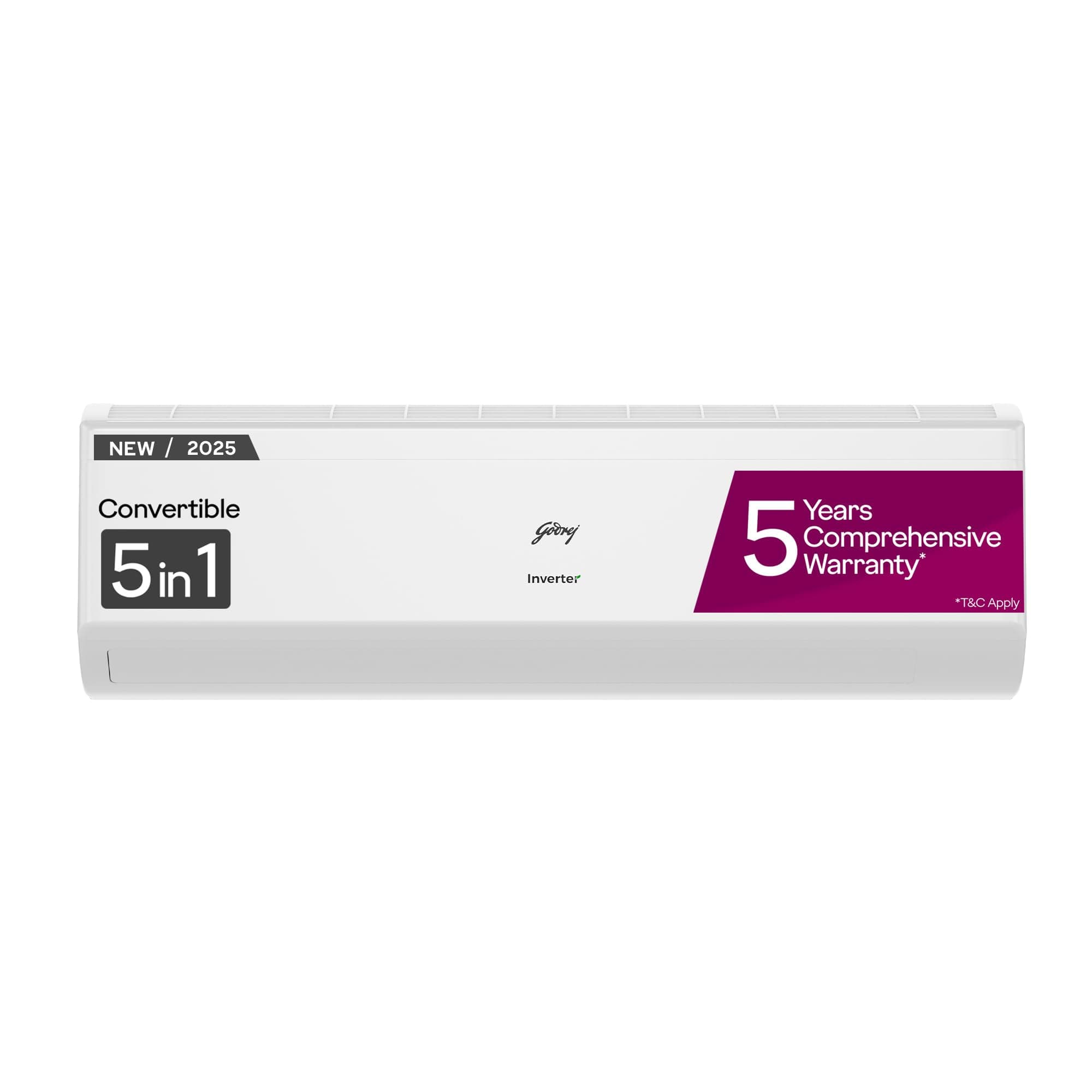 Godrej 1 Ton 5 Star, 5 Years Comprehensive Warranty, AI Powered, 5-in-1 Convertible Cooling, Self Clean, Inverter Split AC (Copper, Heavy-Duty Cooling at 52° Celcius, AC 1T EI 12IINV5R32-WWR, White)