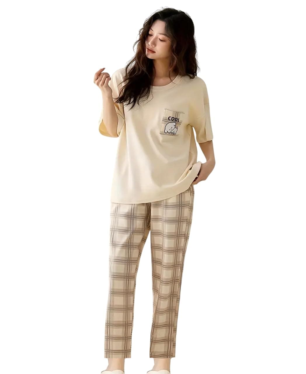 Louis Luxe Cotton Blend Womens Korean Night Dress || Full Pyjama Set || Korean Nightsuit ||Women Nightwear ||Round Neck Full Sleeve Nightsuit || Loungewear || Everyday Nightdress (ND-12)