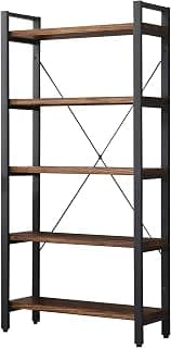 5-Tier Industrial Bookshelf with Solid Wood Shelves & Metal Frame | Open Display Storage Rack for Living Room, Bedroom, Office, Study | Book self | Rustic Brown | 80x30x160 cm