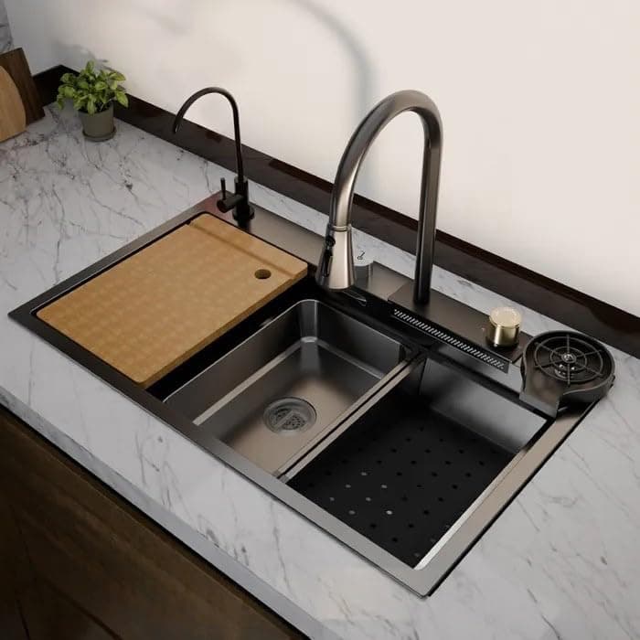 HAPPY HOMES 304 Stainless Steel Kitchen Sink 30x18x9 inch with Integrated Waterfall and Pull Down Faucet with Metal Tray & RO Tap- Fruit Baskets and Accessories (ESSENTIAL)