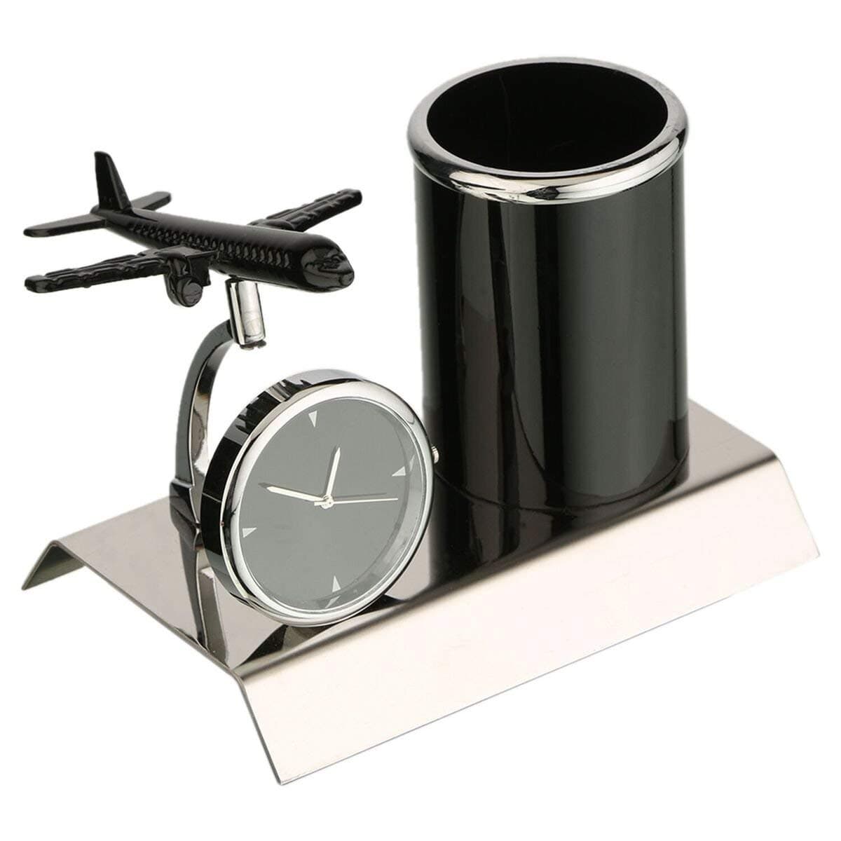 ZAHEPA Aeroplane Miniature Metal Pen Stand with Analog Table Clock, Desktop Organizer Pencil Holder, Stylish Desk Accessory for Office Table Decor, Storage Box, Corporate Gift for Men (Black)
