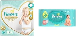 Pampers Premium Care Pants, Extra Large size baby diapers (XL), 36 Count, Softest ever Pampers pants & Pampers Baby Aloe Wipes with Lid, 72 Wipes