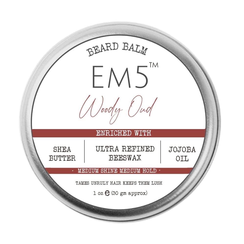 Em5 's Woody Oud Organic Beard Balm Shape Style And Tame Medium Hold And Shine Long Lasting Fragrance For All Hair| Mustache And Beards Wax Gift For Him/Men,1 Count