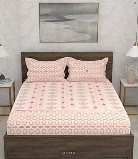 Portico Adore King Size Bedsheet Set, Floral Damask Pattern, Beige and Pink, Traditional Style with Decorative Border