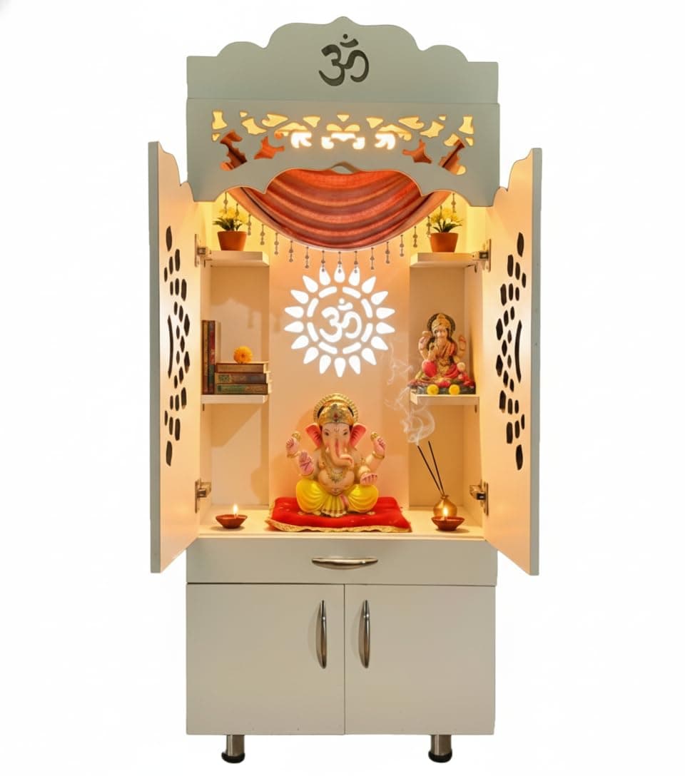 Alpine Willow 5 feet X 2 Feet Temple for Home with Doors (Pre-Assembled) I Mandir for Home Big Size I Pooja mandir with Doors I Pooja Ghar I Puja ghar I Devghar with LED Light Wooden Temple with Door